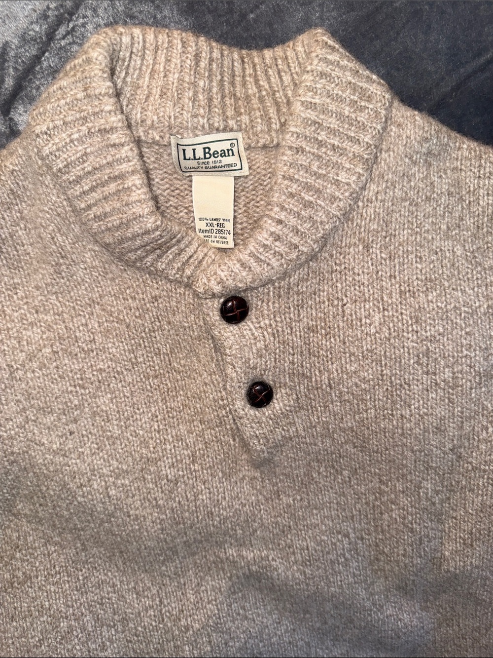 L.L. Bean Men's Taupe Crewneck Henley Sweater with Button Placket - Picture 3 of 7